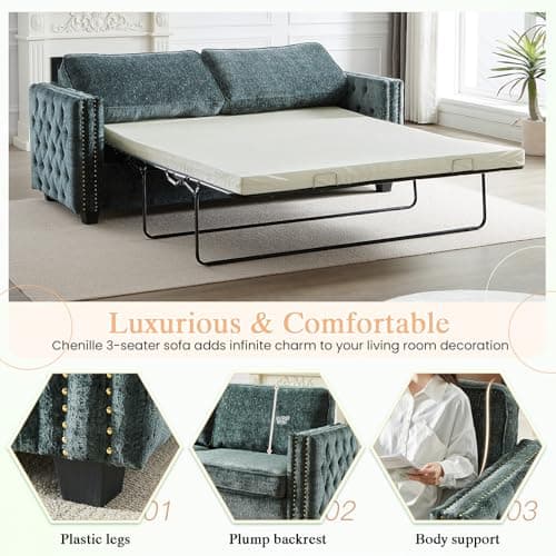 Antetek Green 2-in-1 Queen Size Pull Out Sofa Bed with Memory Foam Mattress