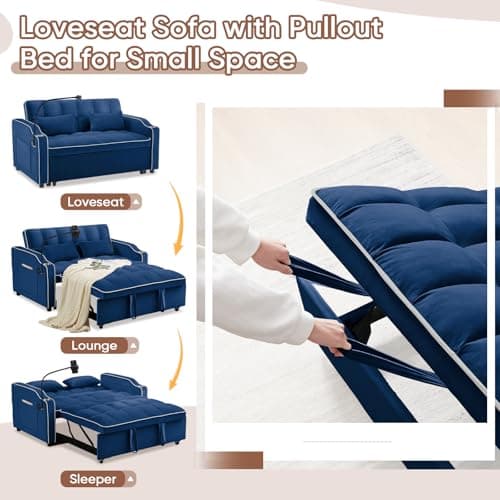 Modern 3-in-1 Sleeper Sofa with USB & Type C Ports, Adjustable Backrest, and Phone/Cup Holder for Living Room or Apartment, Blue Velvet