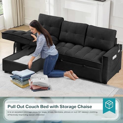 Reversible L-Shaped Sleeper Sofa Couch, Black with Storage & USB Ports