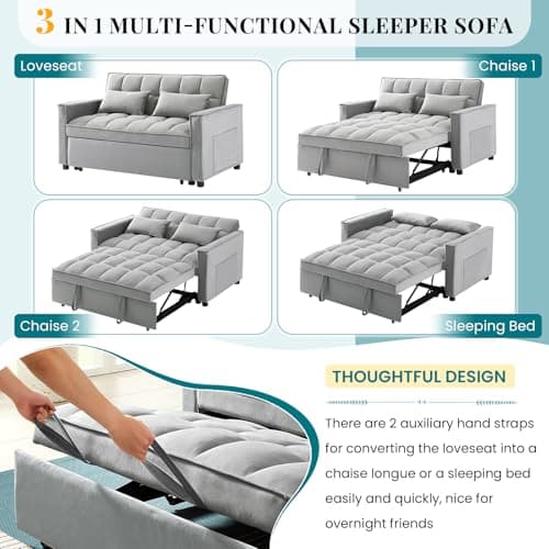 Antetek 3-in-1 Modern Velvet Sleeper Sofa Bed with Reclining Backrest and Pillows - Grey