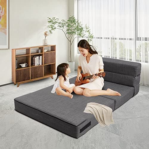 Queen Size Foldable Sofa Bed Memory Foam Dark Gray