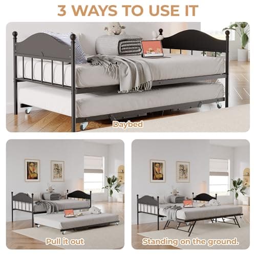 Stylish Metal Twin Size Daybed with Trundle for Living Room, Bedroom and Guest Room, Heavy Duty Steel Slats Platform, Black
| Pop Up Foldable Trundle Daybed with Headboard, Metal Twin Size Day Bed for Bedroom and Guest Room, Black
| Heavy Duty Steel