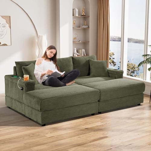 Oversized Corduroy Chaise Longue with Ottoman and USB Ports - Beige White Indoor Reclining Chair for Living Room.