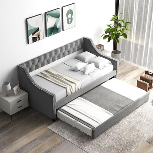Giantex Button Tufted Twin Daybed with Wooden Support, Grey