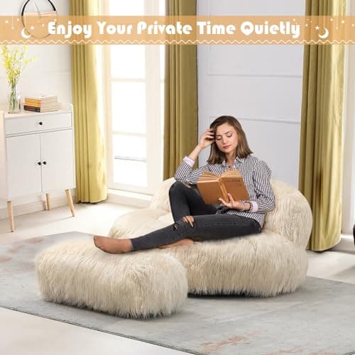 Modern Fluffy Bean Bag Chair with Ottoman, Beige