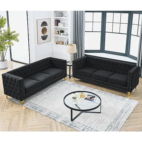 80" Modern Button Tufted Velvet Couch with Gold Nail Heads and Metal Legs for Living Room