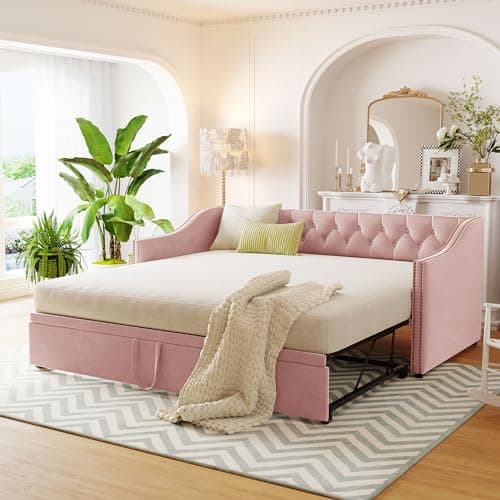 Extendable Velvet Upholstered Daybed with Pop-Up Trundle, Pink Bed Frame (Twin to King)