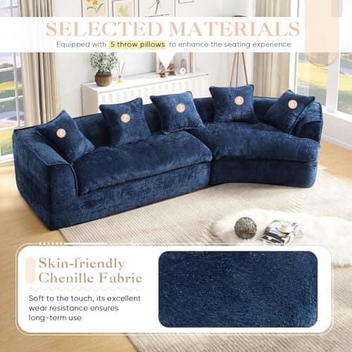 Oversized Curved Corner Sofa, 3 Seater Modern Blue Couch with 5 Throw Pillows