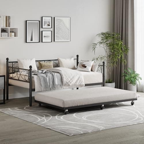 Modern Metal Daybed with Pull-Out Trundle and Floral Headboard, Twin Size, Black