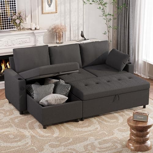 Brown L-Shaped Reversible Storage Sleeper Sofa with Pullout Bed