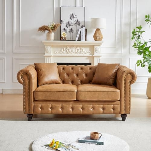 Modern Black Faux Leather Chesterfield Love Seat Sofa, 63.5-Inch With Rolled Arms and Tufting