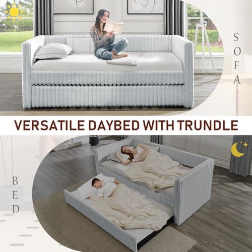 Antetek Gray Striped Corduroy Twin Daybed with Trundle, Small Space Bedroom