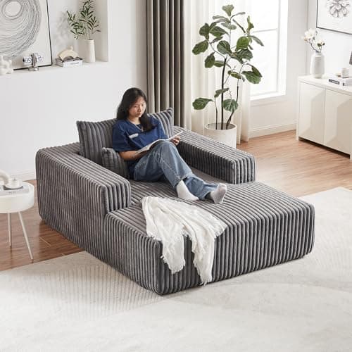 Oversized Gray Corduroy Chaise Longue Chair for Living Room & Bedroom