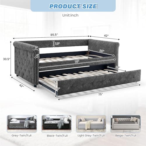 Antetek Grey Fabric Button-Tufted Twin Daybed with Trundle Sofa