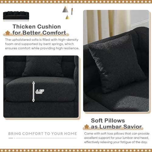 Antetek Modern Black L-Shaped Chaise Lounge Couch with Teddy Fabric and Gold Legs