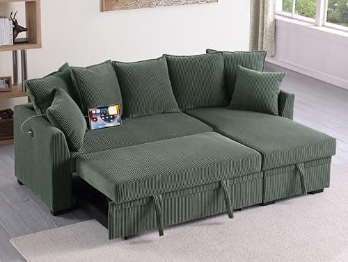 Eafurn Reversible Corduroy L-Shaped Sleeper Sectional With Chaise, USB Ports, Living Room Sofa Bed