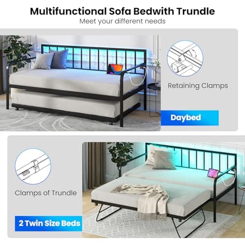 KOMFOTT Twin Metal Daybed with Pop-Up Trundle & Charging Station