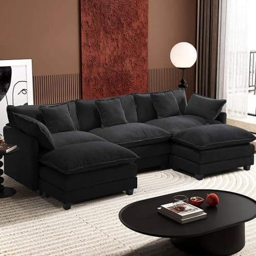 Ihanherry 6-Seat Beige Modular U-Shaped Sofa with Ottomans for Living Room
