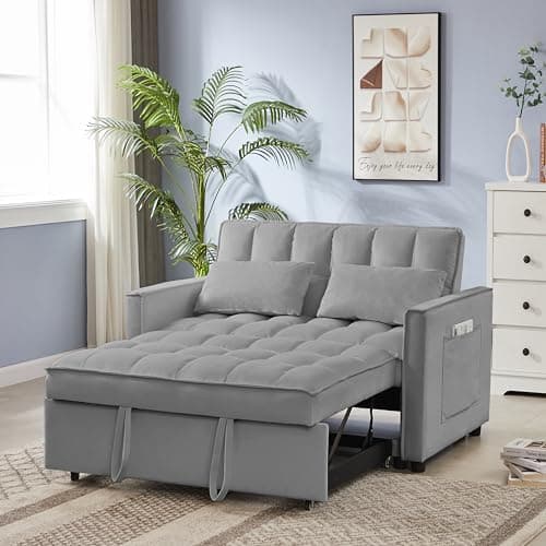 65" 3-in-1 Folding Sofa Bed, Chenille Fabric, 360° Swivel Table, Grey
