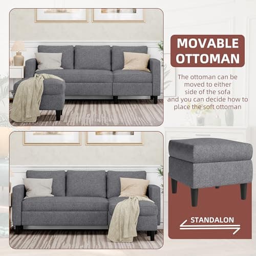 JAMFLY Dark Grey L Shaped Sectional Sofa with Ottoman for Small Living Rooms