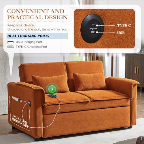 Antetek 3-in-1 Pull-Out Sofa Bed with Velvet Chaise Lounge, USB Charging, Orange