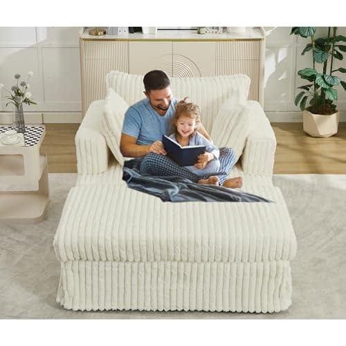 Modern 55" Oversized Chaise Lounger, Luxurious Chenille Fabric Single Sofa Chair with Pillows, Charge Station & Cup Holders for Living Room Apartment Offices (Blue Gray-55'')