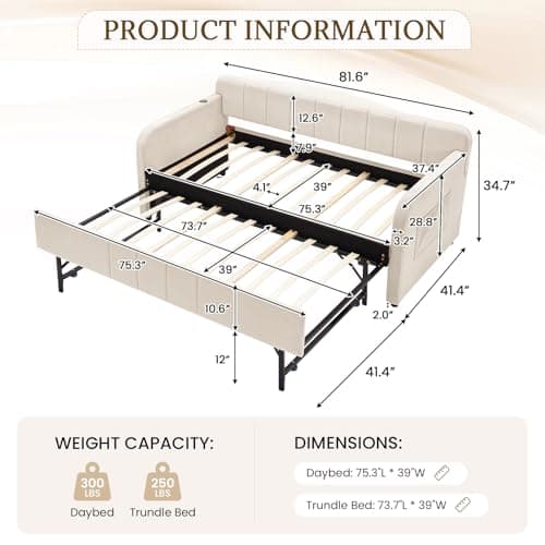 Beige Velvet Tufted Twin to King Extendable Daybed with USB Port