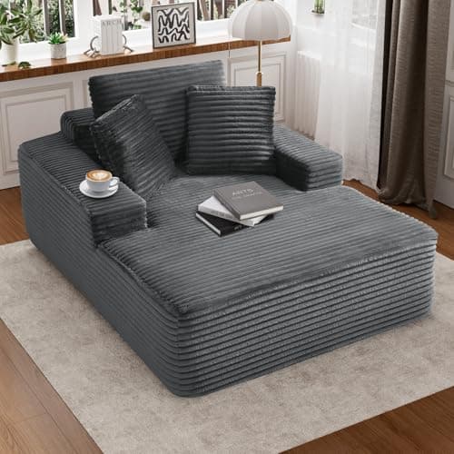 Oversized Dark Gray Faux Fur Chaise Lounge Chair with Recliner & Throw Pillows