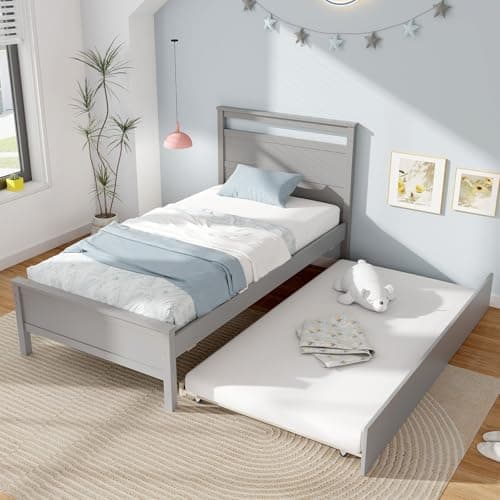 Giantex Wood Day Bed Twin with Headboard & Slats Support, Grey