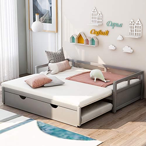 Merax Modern Extending Daybed with 2 Pop-Up Trundle Beds Twin to King Grey