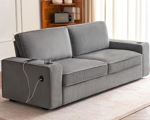 AMERLIFE Beige Corduroy 3 Seater Deep Seat Sofa with USB Ports & Cup Holders