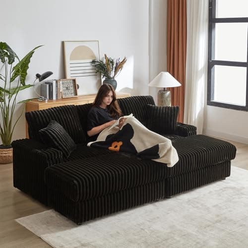 Modern Black Cloud Lounge Sofa with Storage & Cup Holders, 86-inch Deep Seat