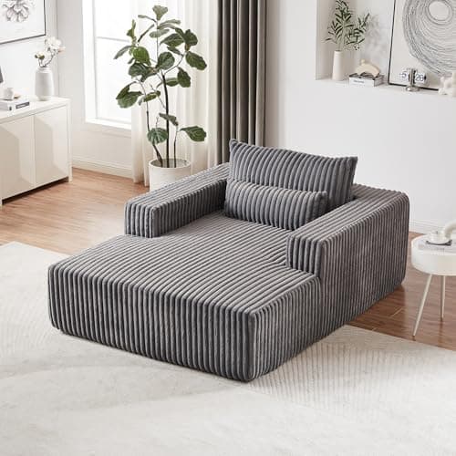 Oversized Gray Corduroy Chaise Longue Chair for Living Room & Bedroom
