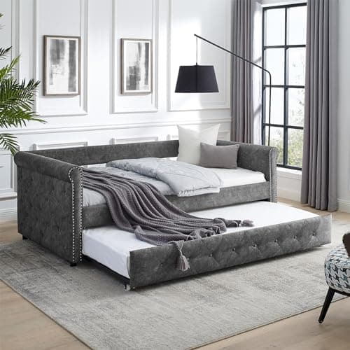 Antetek Grey Fabric Button-Tufted Twin Daybed with Trundle Sofa