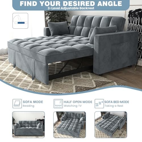 Gray 3-in-1 Velvet Sleeper Sofa Bed 55.9" Living Room Furniture