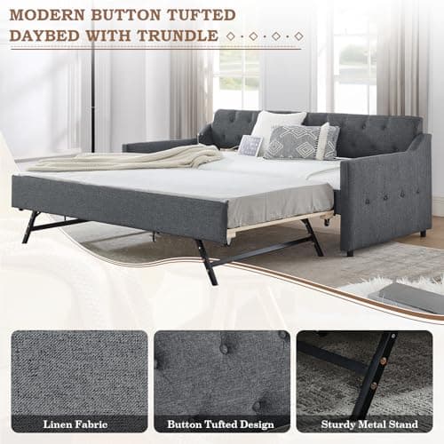 Dark Grey Linen Tufted Extendable Day Bed with Trundle & USB Ports