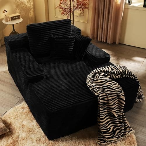Oversized Chaise Lounge Chair - Black Faux Fur Sofa Bed (67"x48")