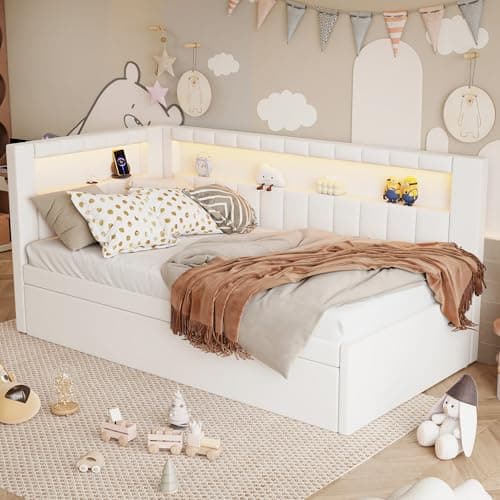 Merax Modern Platform Bed with USB Ports & Trundle, Twin, White