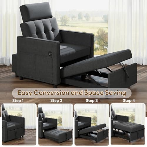 LIKIMIO 3-in-1 Sleeper Sofa Chair Bed, Dark Grey Linen Fabric