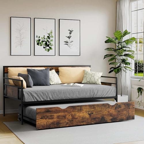 Twin Daybed with Trundle, Rustic Metal Frame, Saving Space Living Room Bed