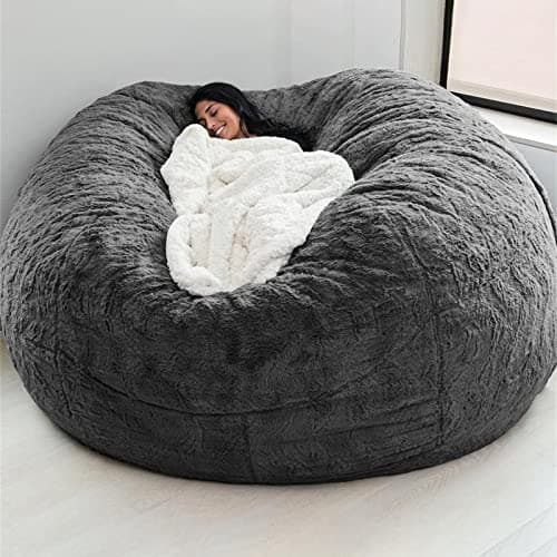 Black Big Round Soft Faux Fur Beanbag Chair Cover (5FT)