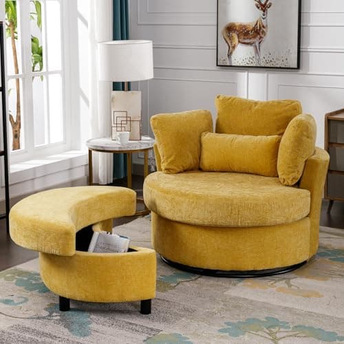 Antetek Green & Yellow Oversized Swivel Chair with Storage Ottoman