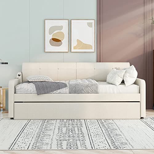 Bellemave Expandable Daybed with Trundle & USB Charging, Beige