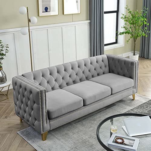 Modern 3-Seater Upholstered Couch for Living Room with Golden Metal Legs