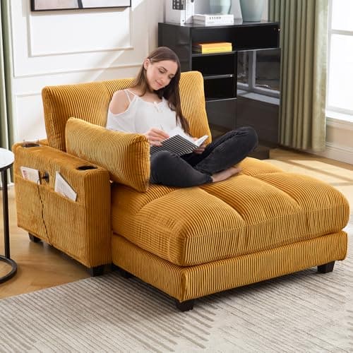91" Orange Oversized Chaise Lounger with USB & Cup Holder for Living Room/Bedroom