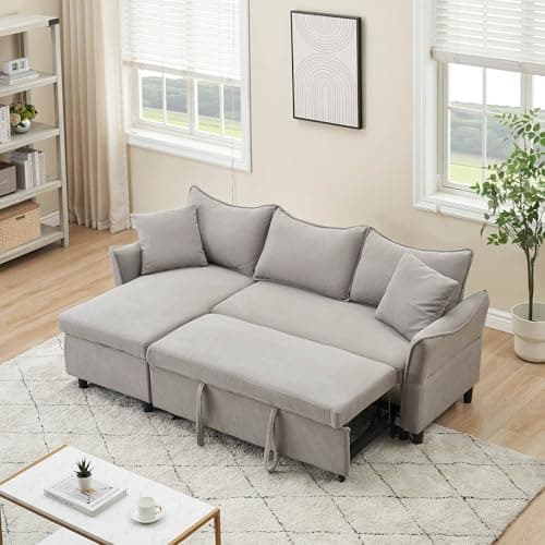 DeepGrey Linen Reversible Sectional Sleeper Couch with Storage and Pull-Out Bed