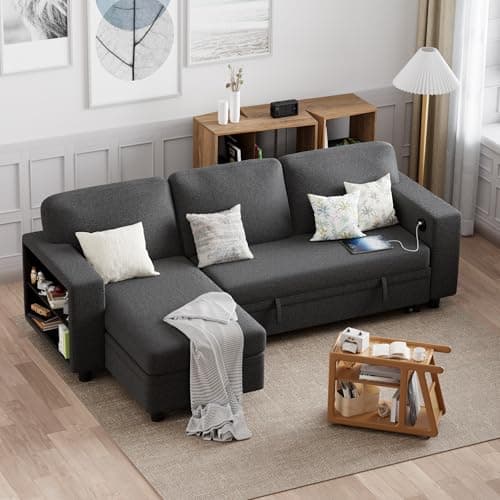 Furmax Grey 3-Seat L-Shaped Sleeper Sofa with Storage & USB Ports