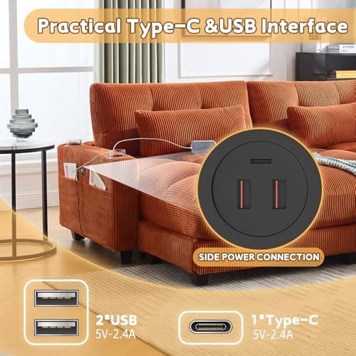91" Orange Oversized Chaise Lounger with USB & Cup Holder for Living Room/Bedroom