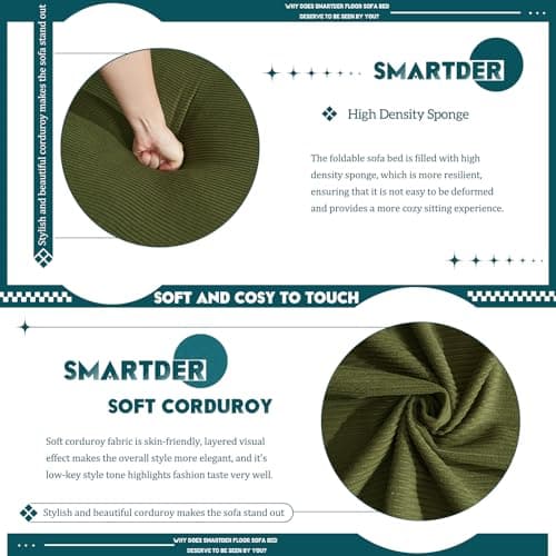 3-Seater Convertible Sofa Bed with Removable Backrest, King Size Green Corduroy for Living Room/Dorm