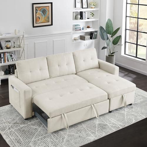 Antetek Reversible Sleeper Sectional Sofa with Storage Chaise, Beige